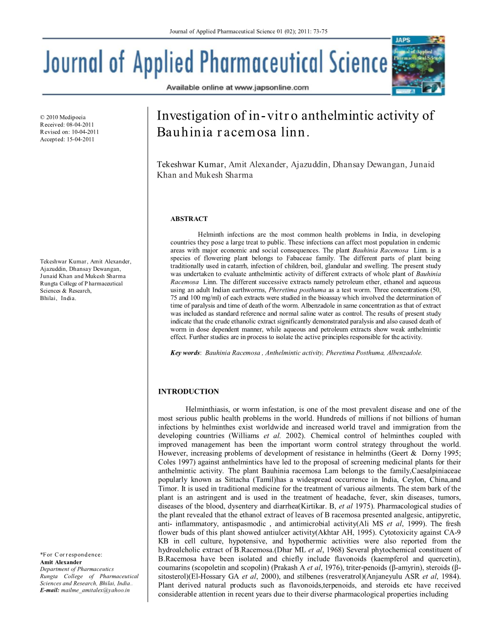 Investigation of In-Vitro Anthelmintic Activity of Bauhinia Racemosa Linn