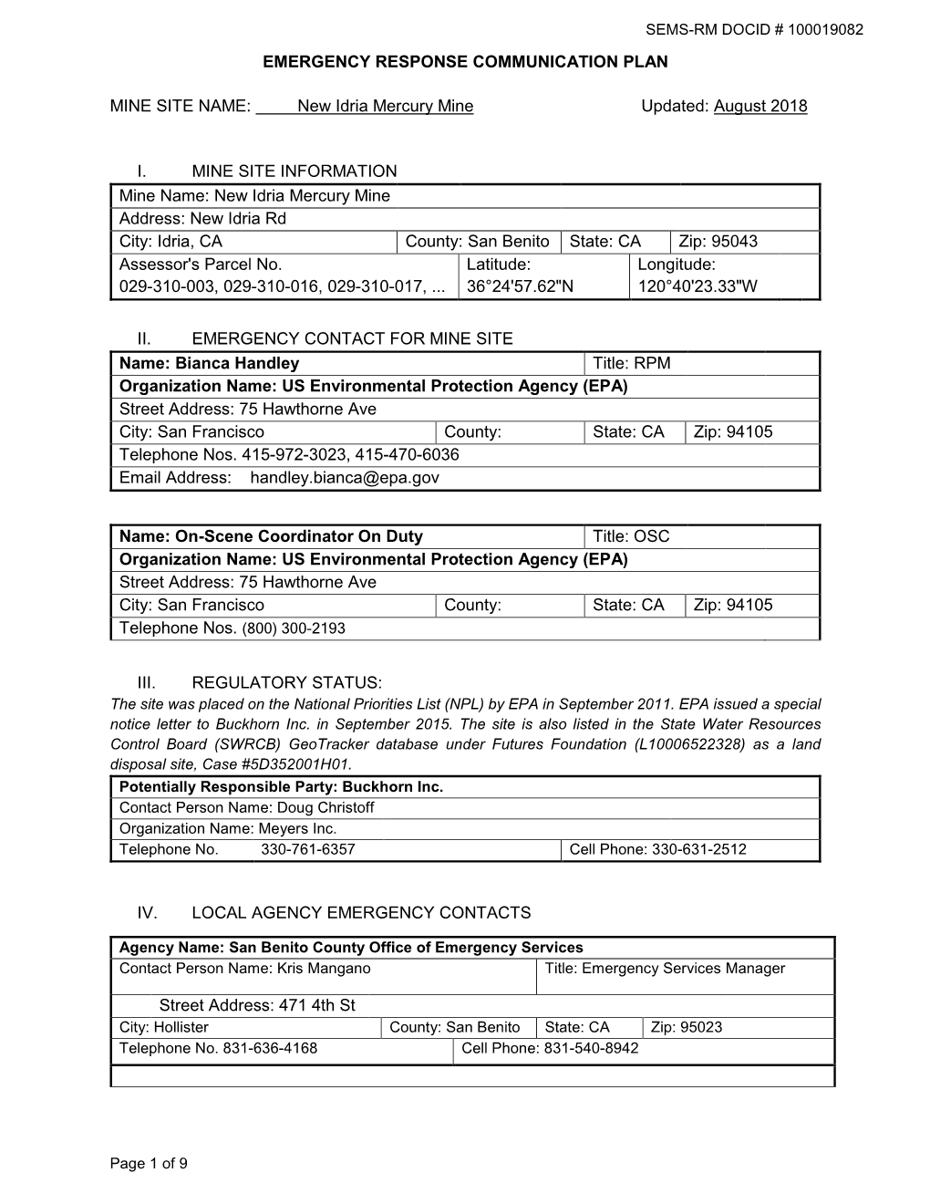 Emergency Response Communication Plan for Site