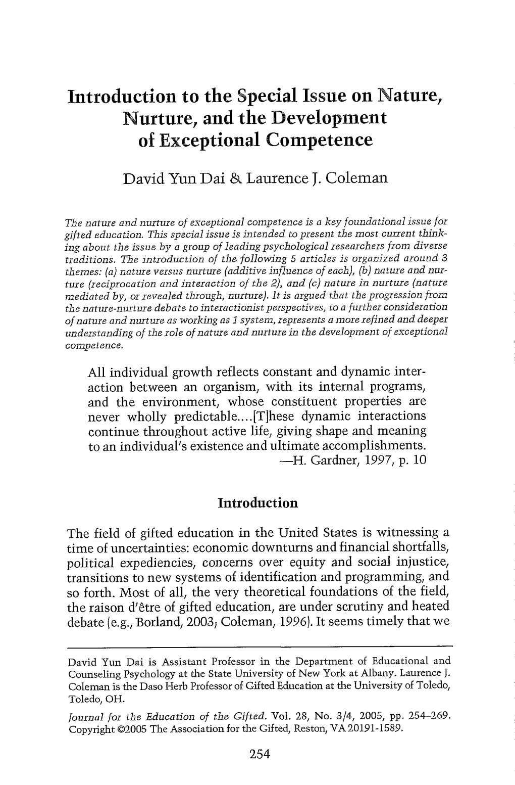 Introduction to the Special Issue on Nature, Nurture, and the Development of Exceptional Competence