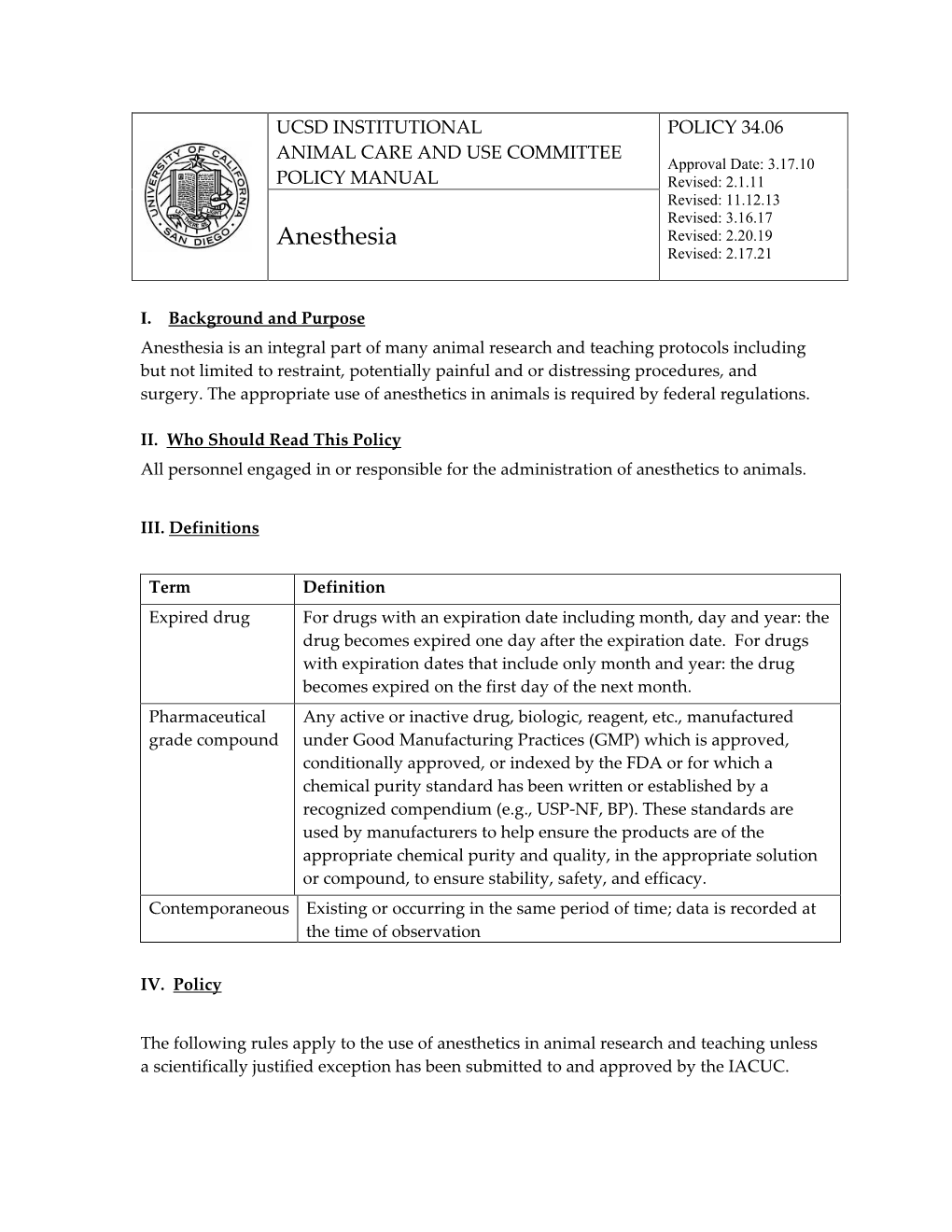 IACUC Policy 34 Anesthesia