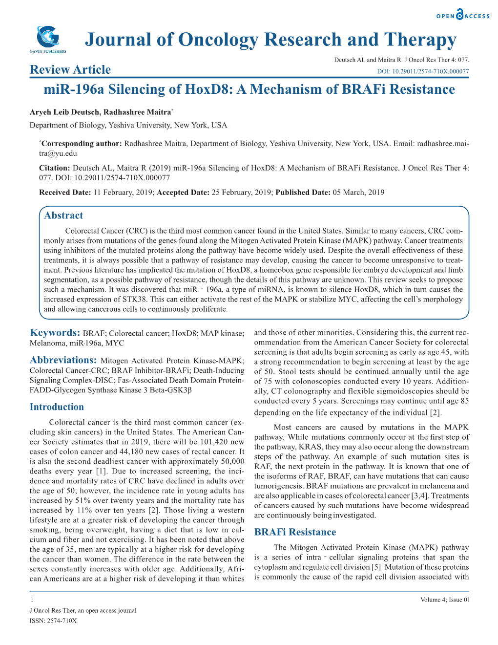 Journal of Oncology Research and Therapy Deutsch AL and Maitra R