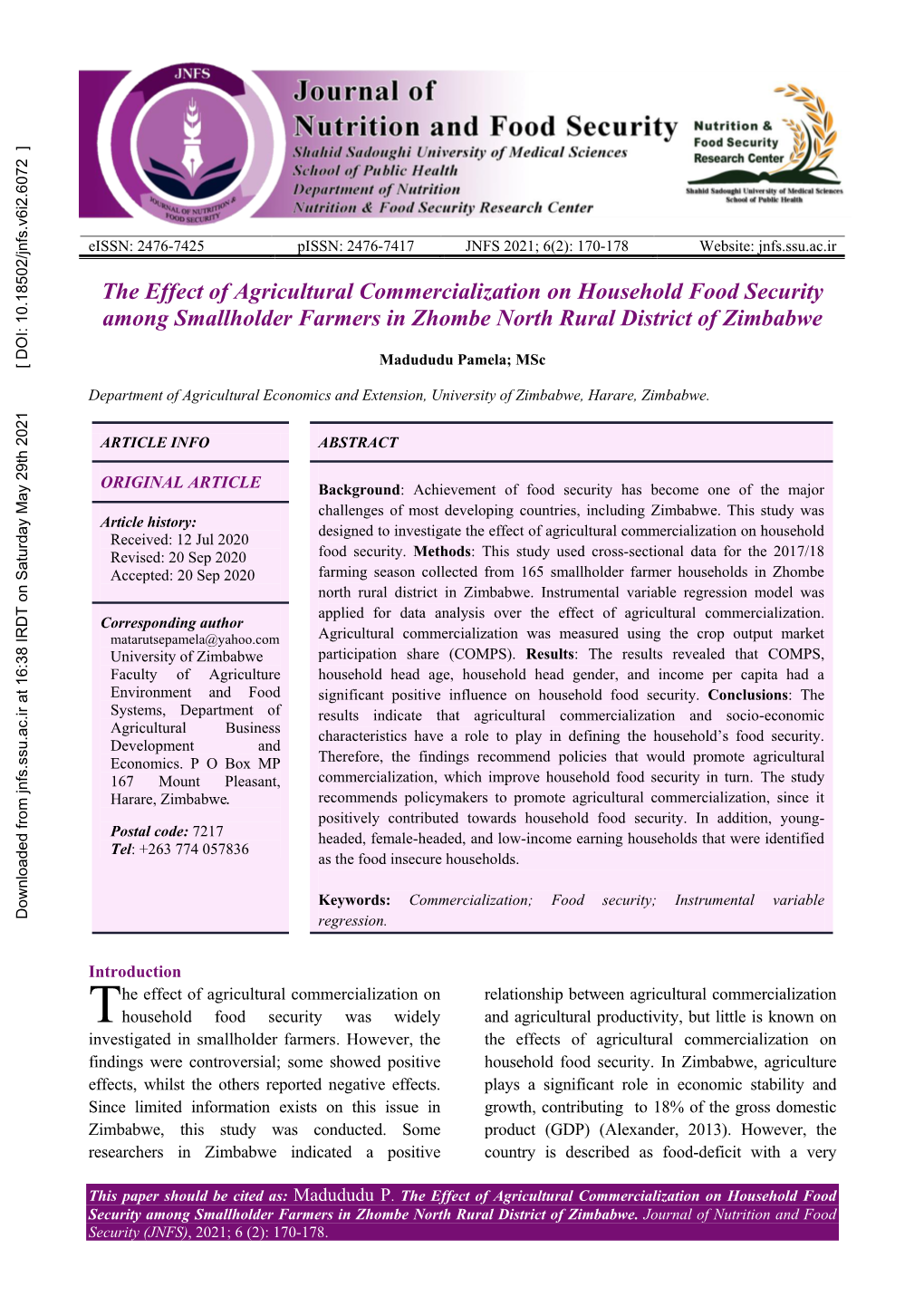 The Effect of Agricultural Commercialization on Household Food Security Among Smallholder Farmers in Zhombe North Rural District of Zimbabwe