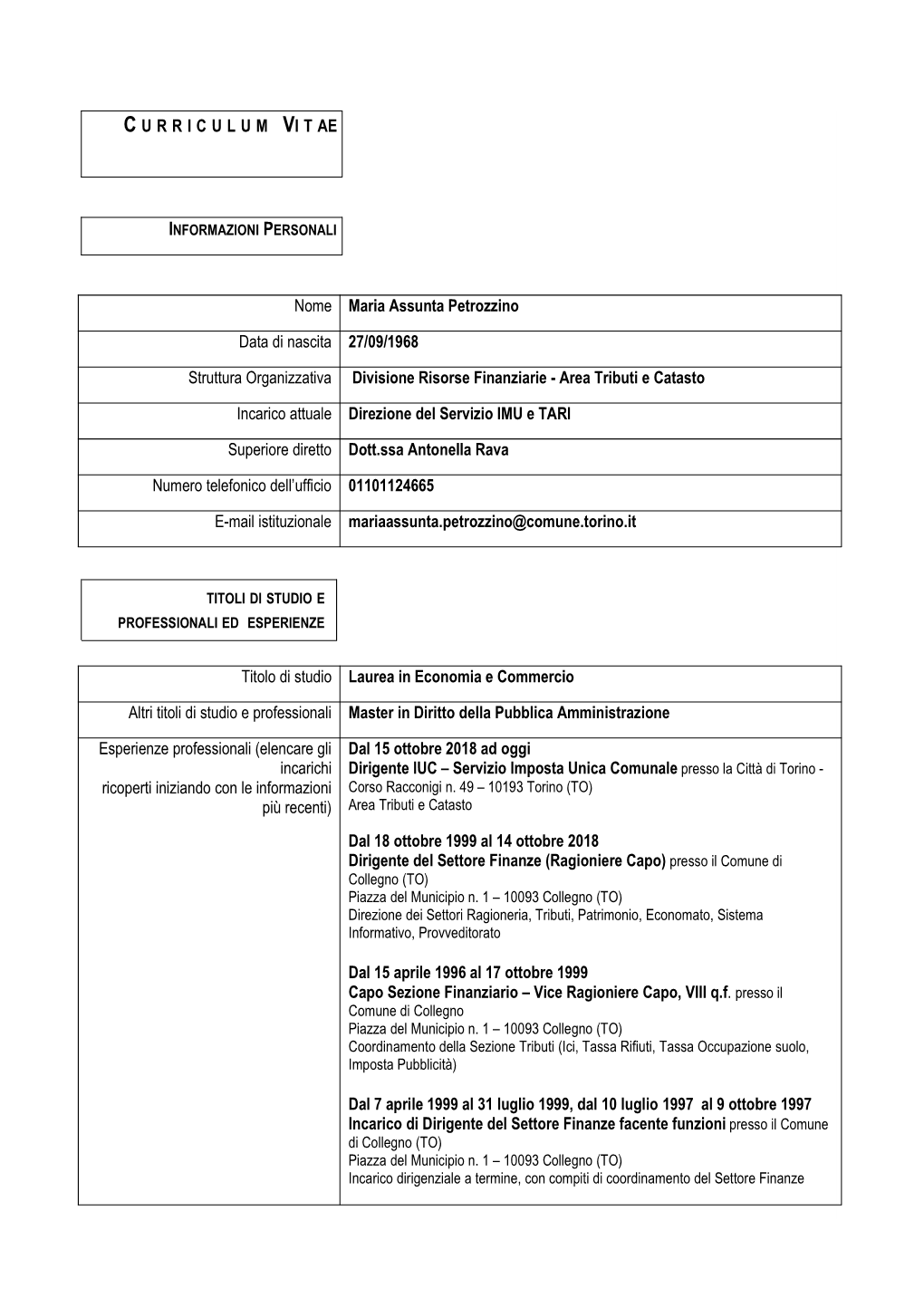 C U R R I C U L U M VI T AE Nome Maria Assunta Petrozzino Data Di Nascita 27/09/1968 Struttura Organizzativa Divisione Risorse