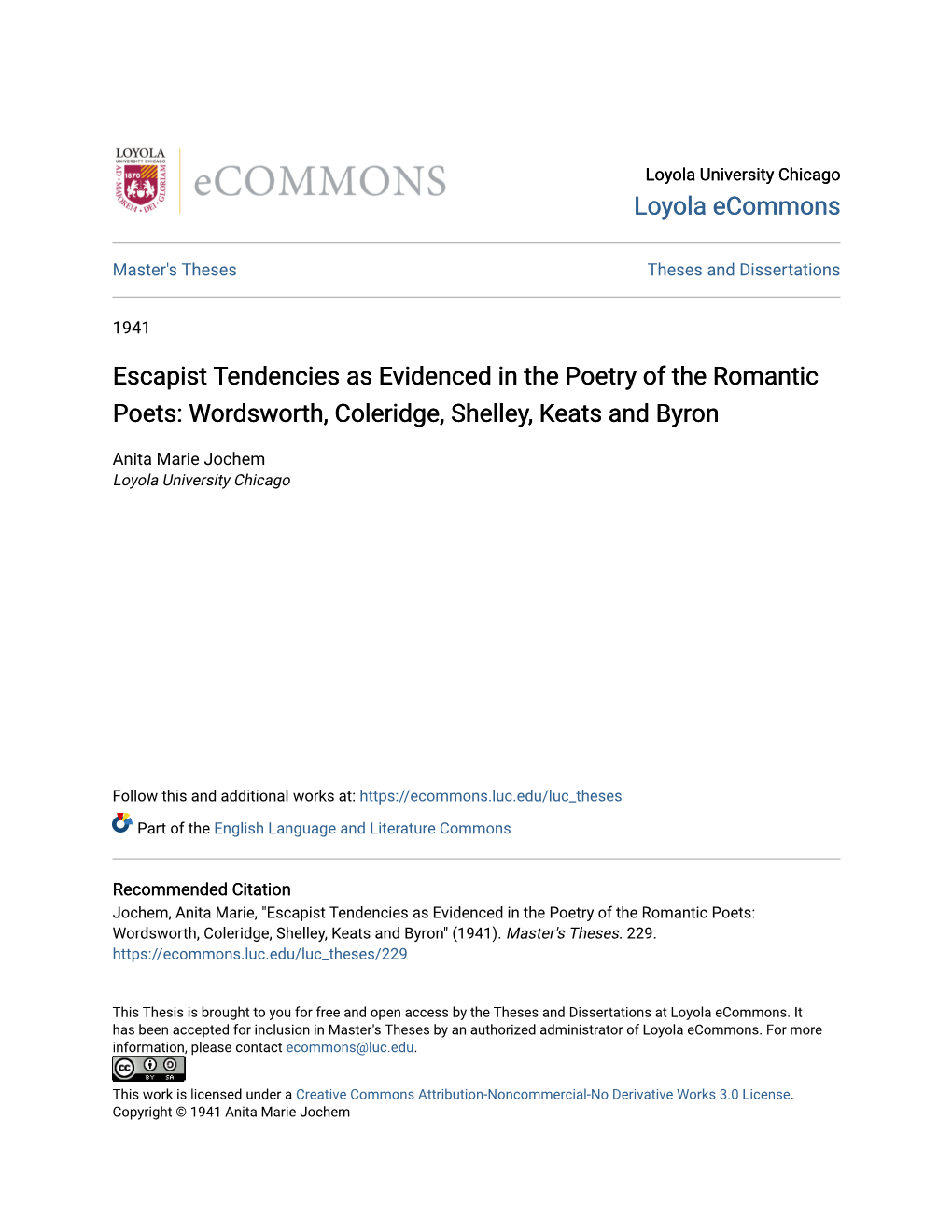 Escapist Tendencies As Evidenced in the Poetry of the Romantic Poets: Wordsworth, Coleridge, Shelley, Keats and Byron