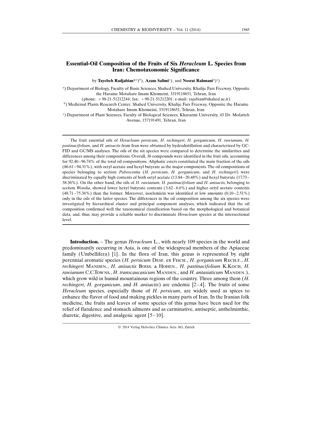 Essential-Oil Composition of the Fruits of Six Heracleum L. Species from Iran: Chemotaxonomic Significance