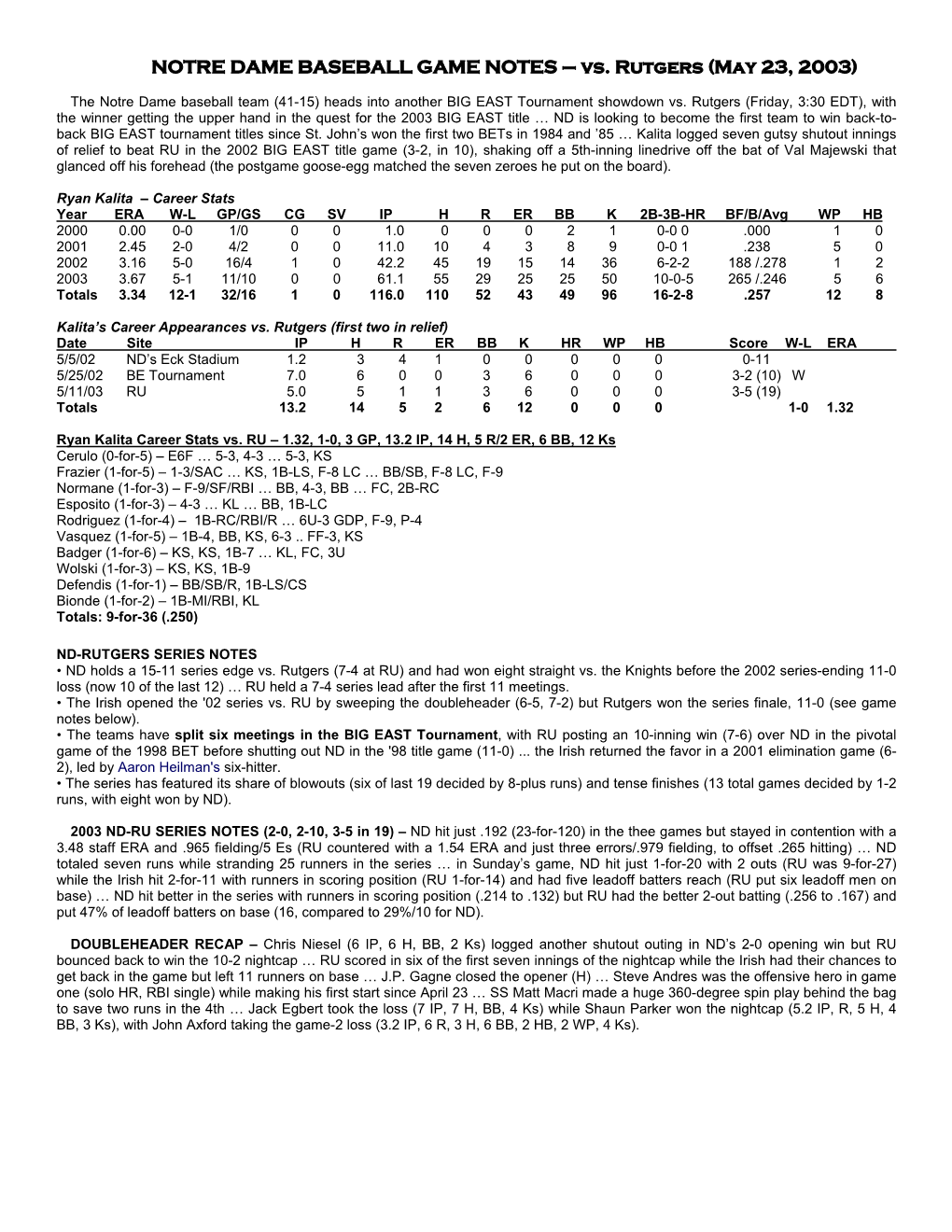 NOTRE DAME BASEBALL GAME NOTES – Vs