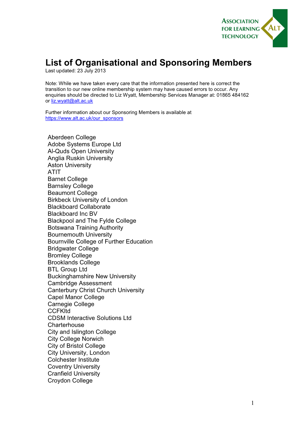 List of Organisational and Sponsoring Members 20130723