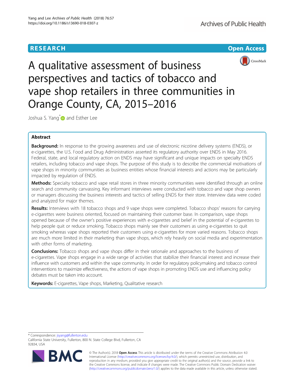 A Qualitative Assessment of Business Perspectives and Tactics of Tobacco and Vape Shop Retailers in Three Communities in Orange County, CA, 2015–2016 Joshua S