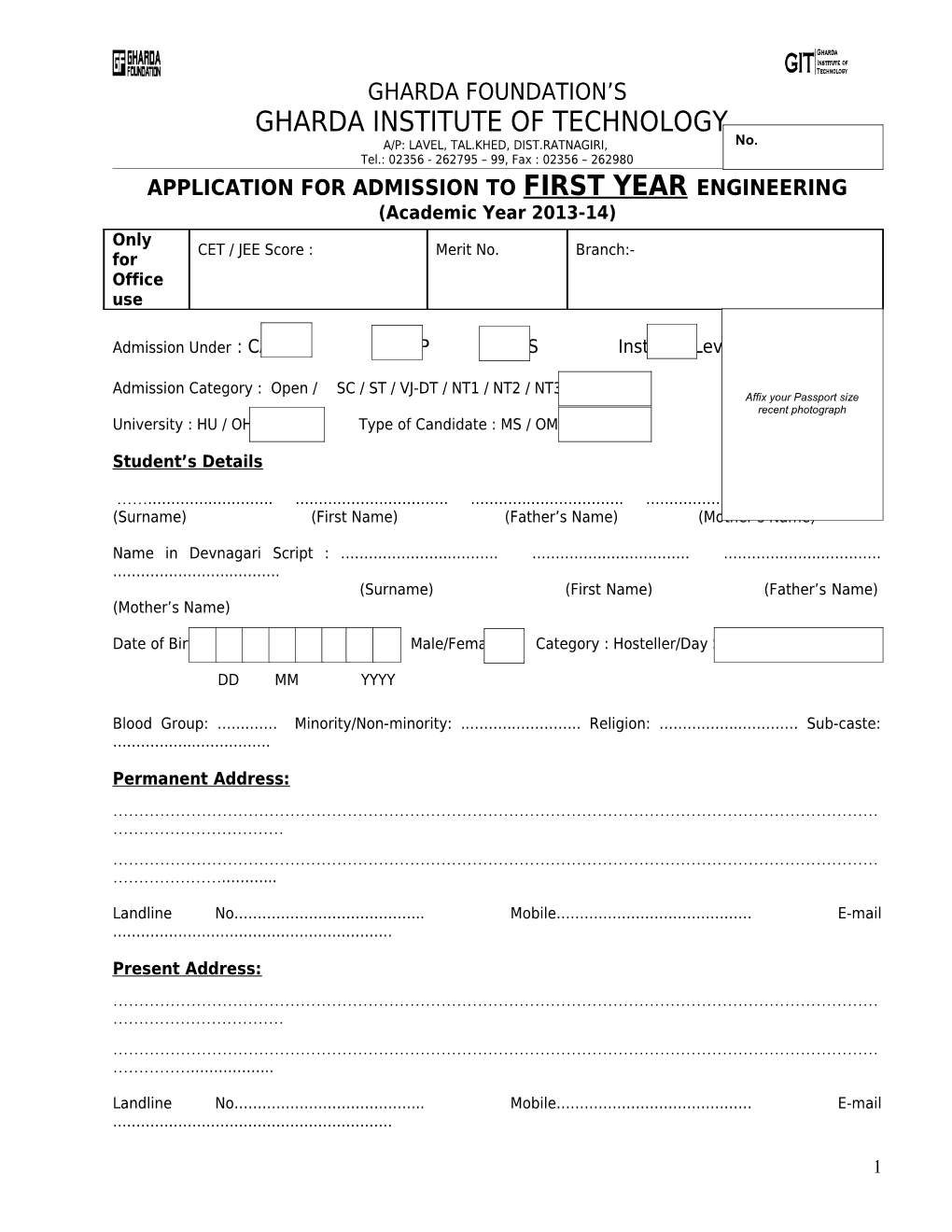 Application for Admission to First Year Engineering