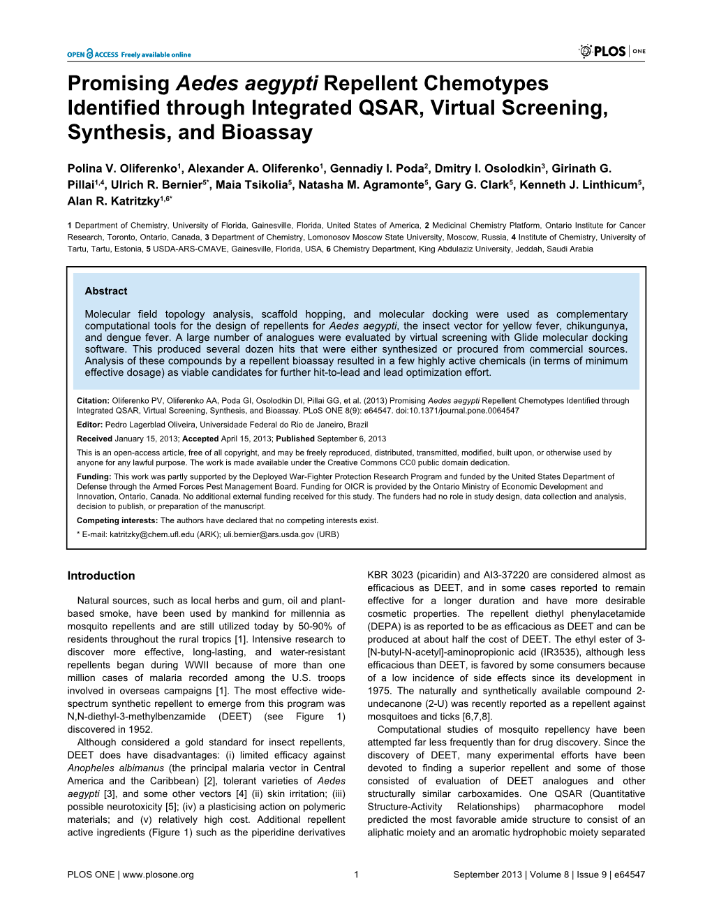 Promising Aedes Aegypti Repellent Chemotypes Identified Through Integrated QSAR, Virtual Screening, Synthesis, and Bioassay