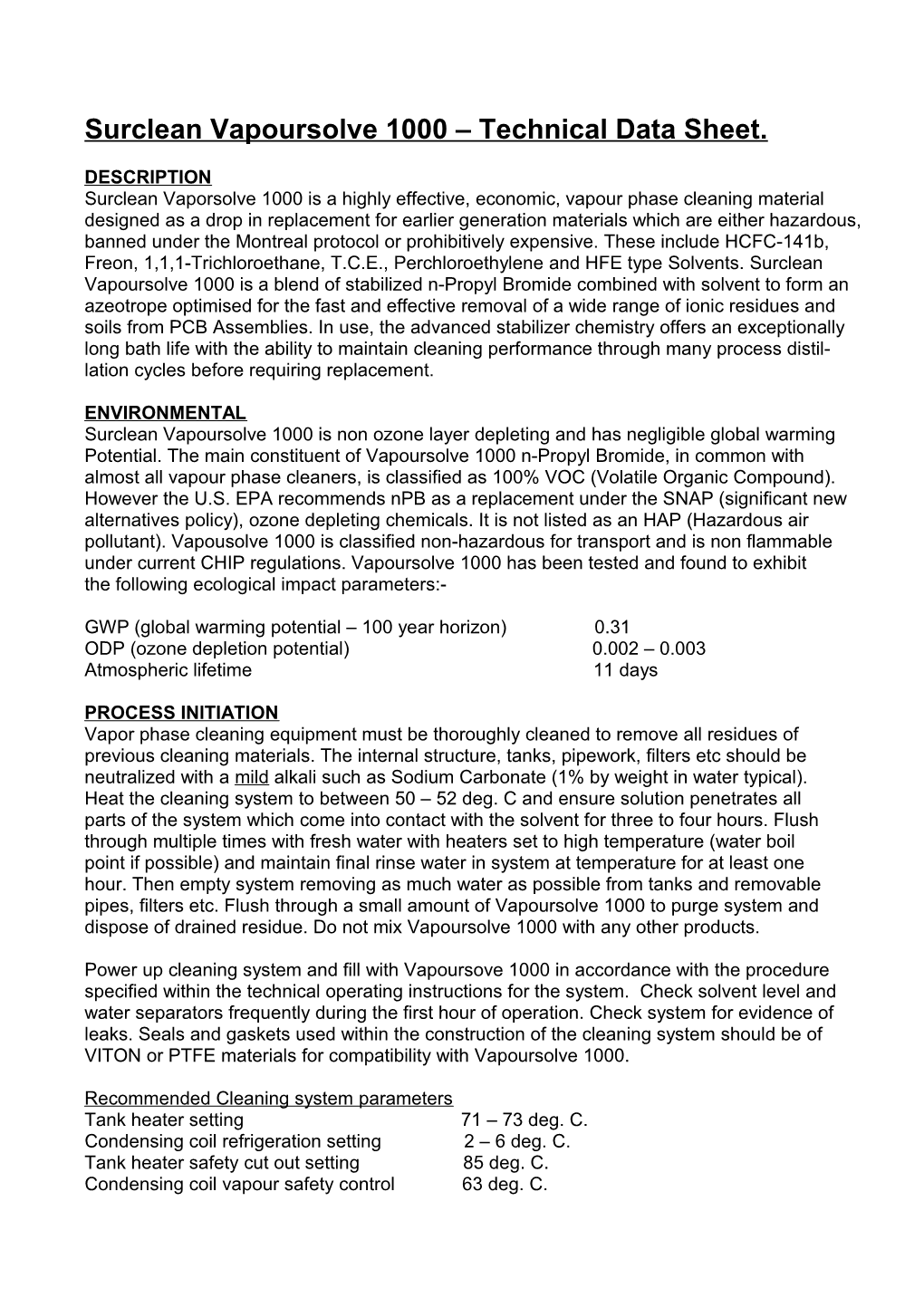 Surclean Vapoursolve 1000 Technical Data Sheet