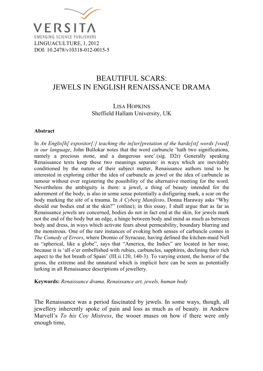 Beautiful Scars: Jewels in English Renaissance Drama