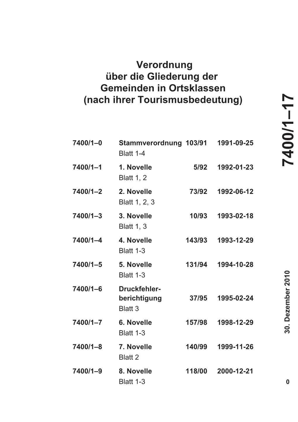 Verordnung Über Die Gliederung Der Gemeinden in Ortsklassen (Nach Ihrer Tourismusbedeutung)