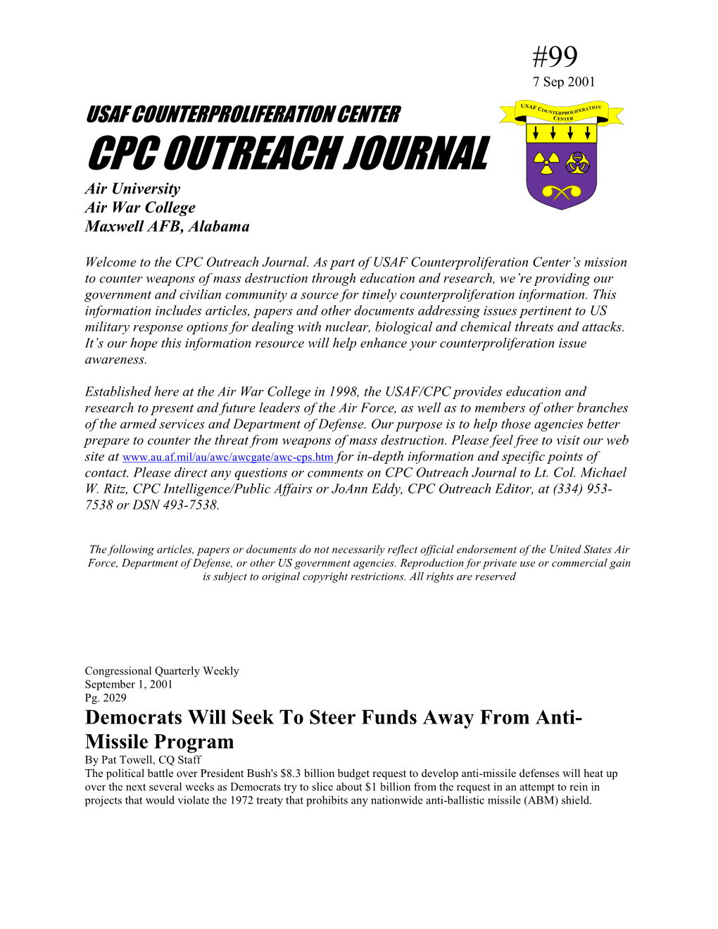 USAF COUNTERPROLIFERATION CENTER CPC OUTREACH JOURNAL Air University Air War College Maxwell AFB, Alabama