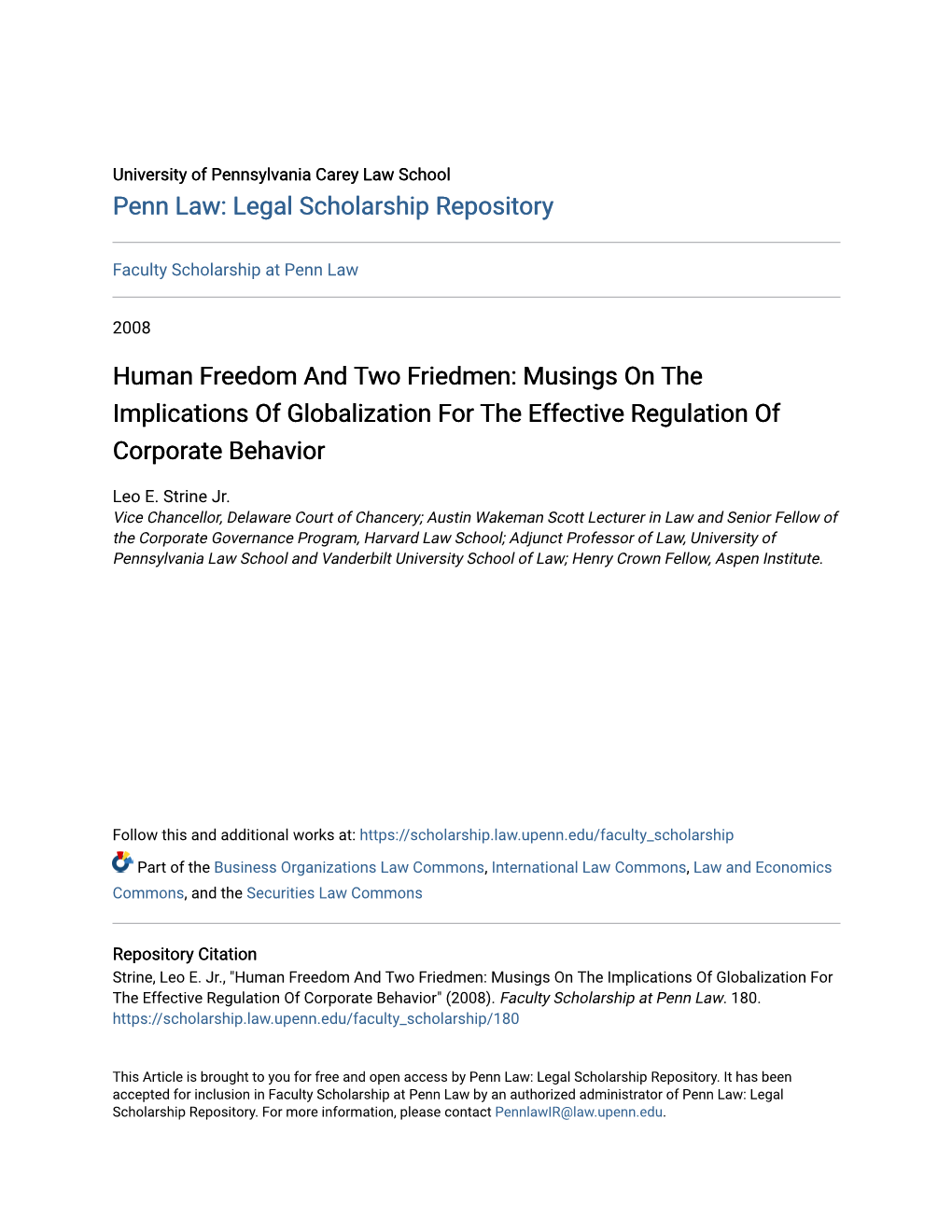 Human Freedom and Two Friedmen: Musings on the Implications of Globalization for the Effective Regulation of Corporate Behavior