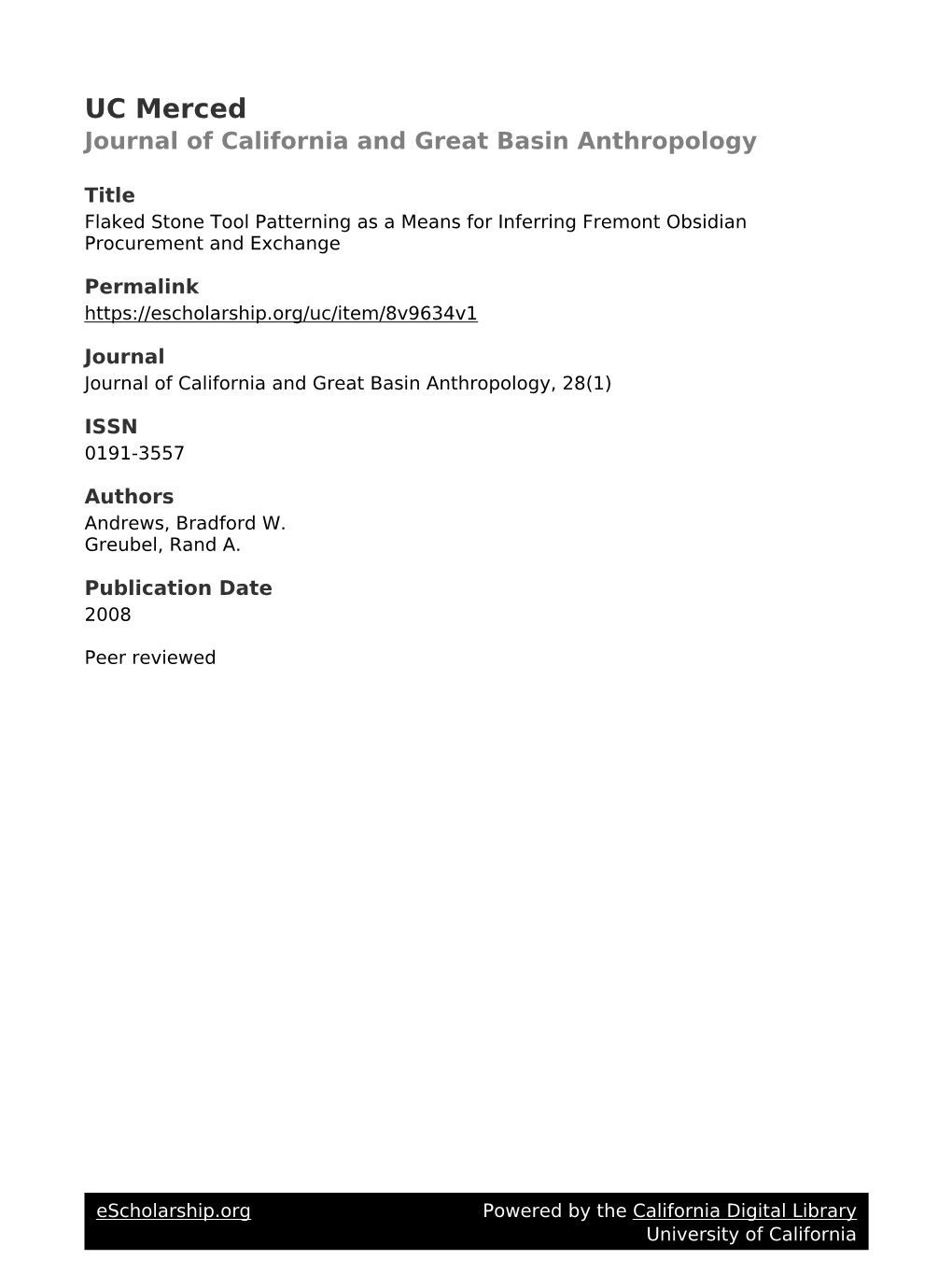 Flaked Stone Tool Patterning As a Means for Inferring Fremont Obsidian Procurement and Exchange