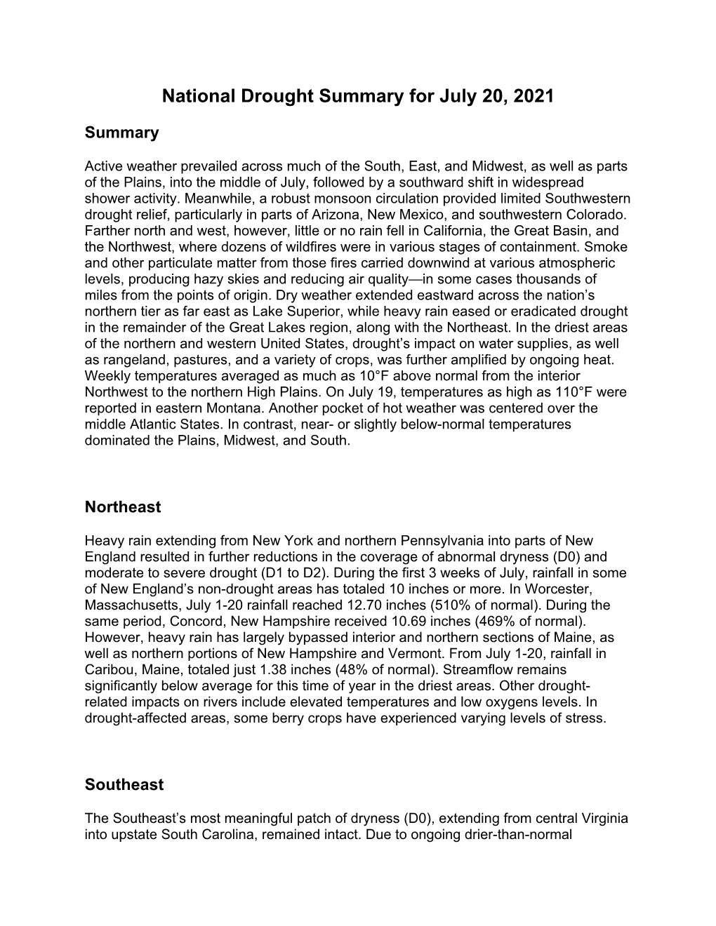 National Drought Summary for July 20, 2021