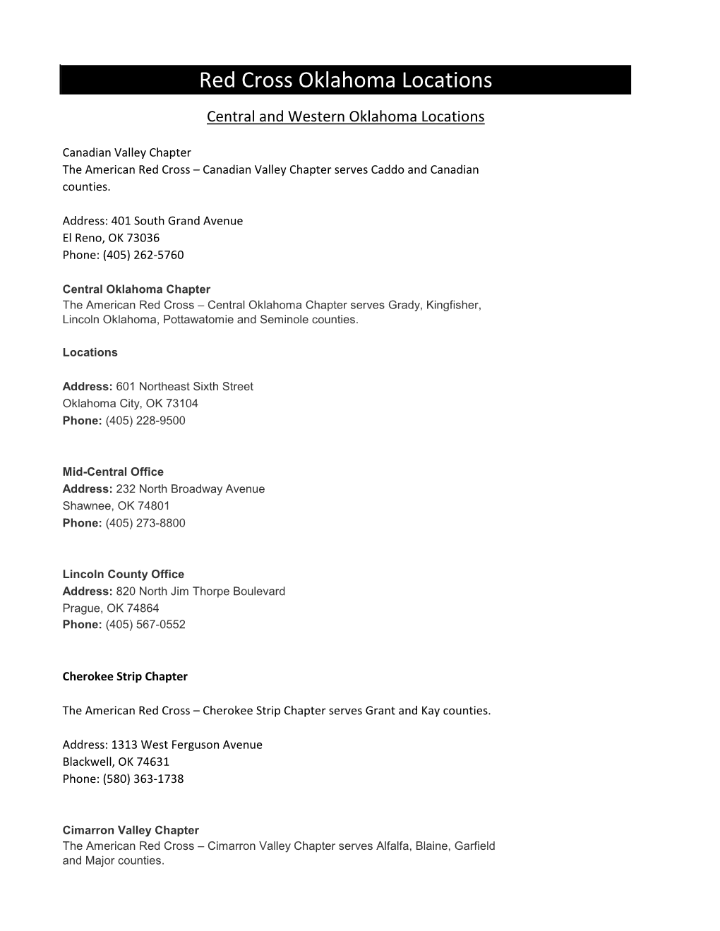 Red Cross Oklahoma Locations Central and Western Oklahoma Locations