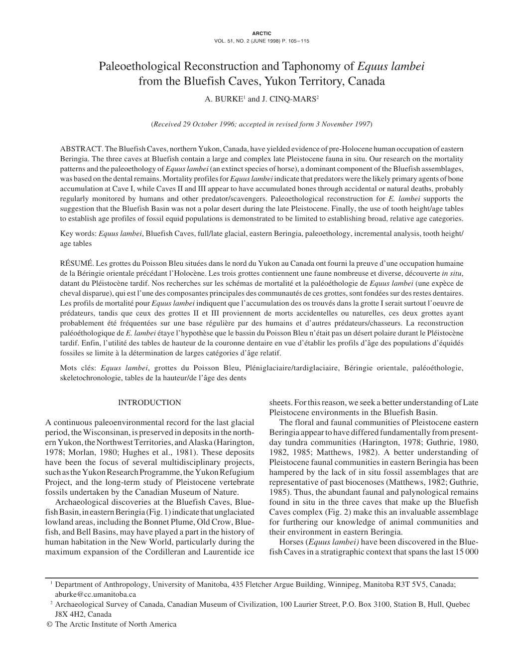 Paleoethological Reconstruction and Taphonomy of Equus Lambei from the Bluefish Caves, Yukon Territory, Canada A