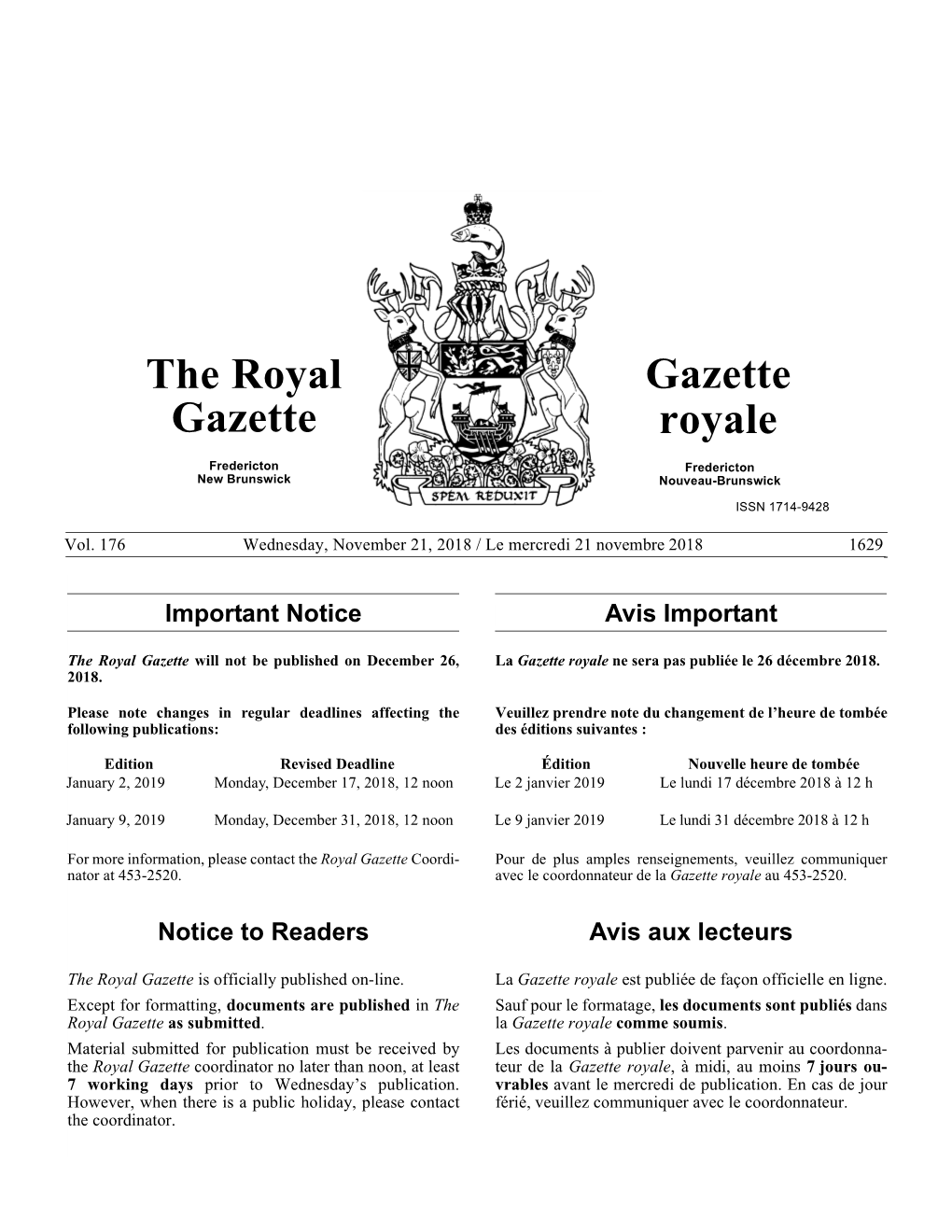 The Royal Gazette / Gazette Royale