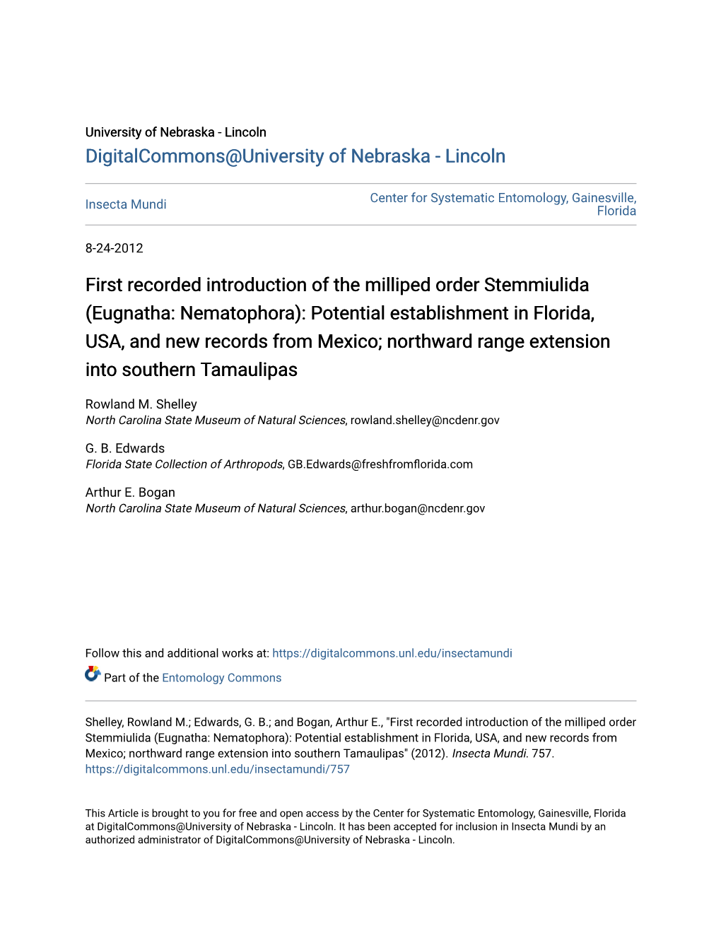 First Recorded Introduction of the Milliped Order Stemmiulida (Eugnatha: Nematophora): Potential Establishment in Florida, USA