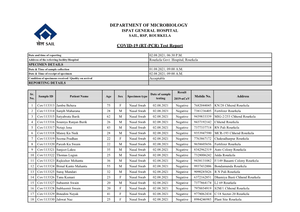 DEPARTMENT of MICROBIOLOGY COVID-19 (RT-PCR) Test Report