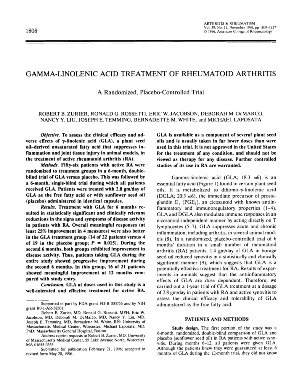 Gamma-Linolenic Acid Treatment of Rheumatoid Arthritis