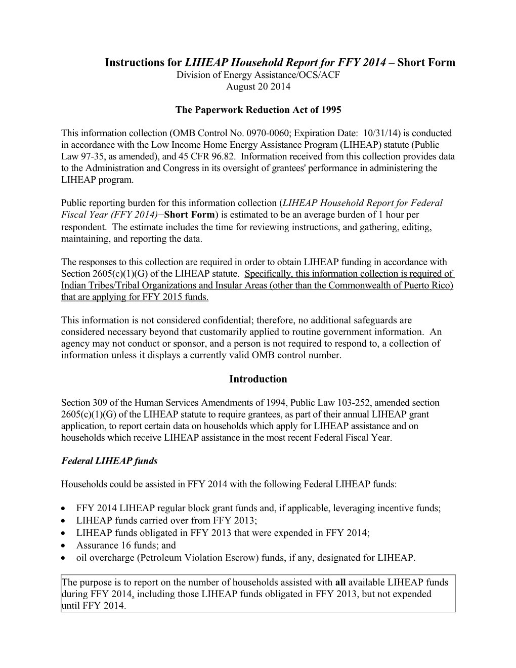 Federal LIHEAP Household Report Reporting Requirements