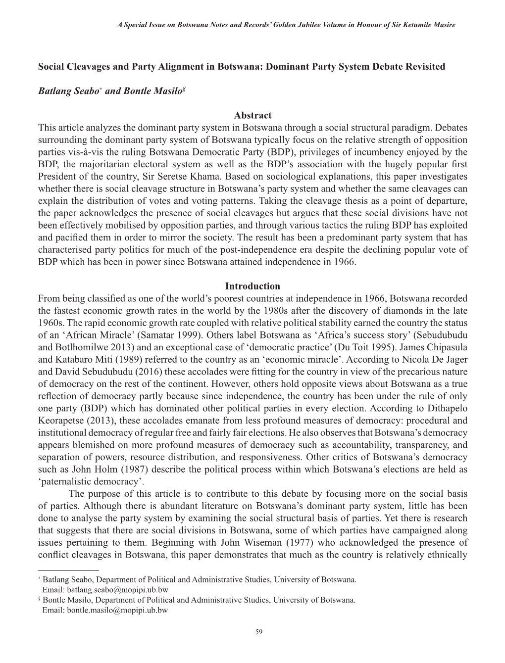 Social Cleavages and Party Alignment in Botswana: Dominant Party System Debate Revisited