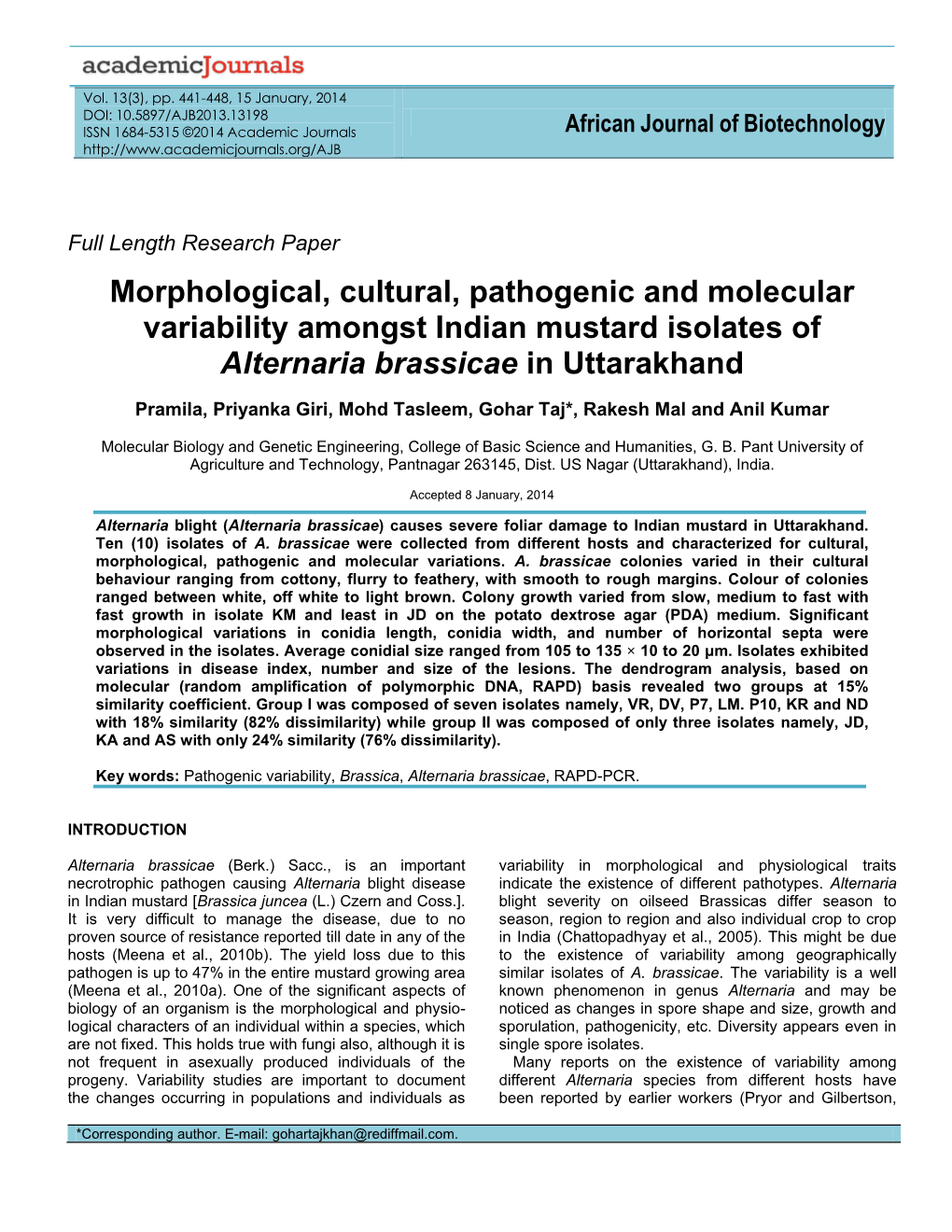 Morphological, Cultural, Pathogenic and Molecular Variability Amongst Indian Mustard Isolates of Alternaria Brassicae in Uttarakhand