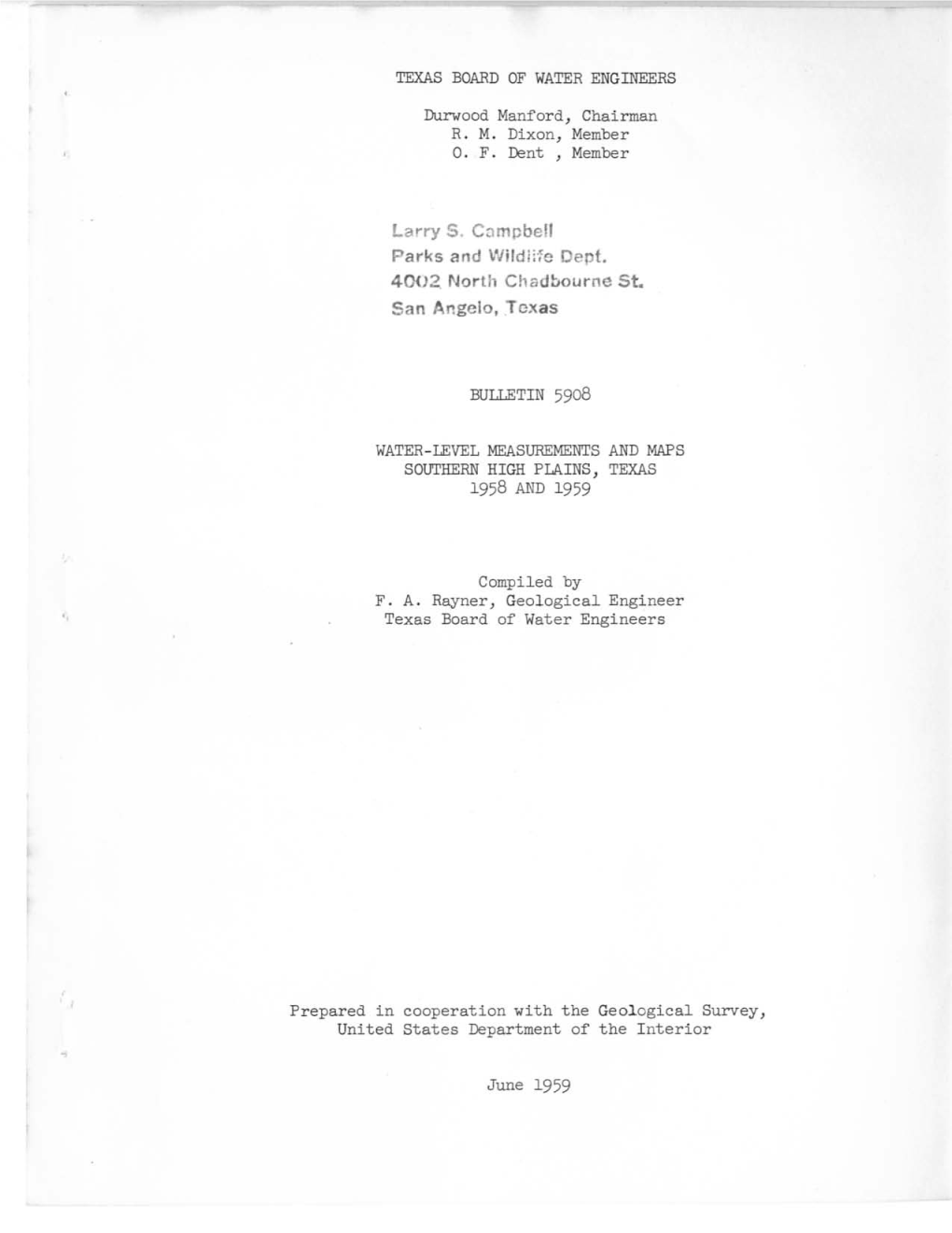 Water-Level Measurements and Maps Southern High Plains, Texas 1958