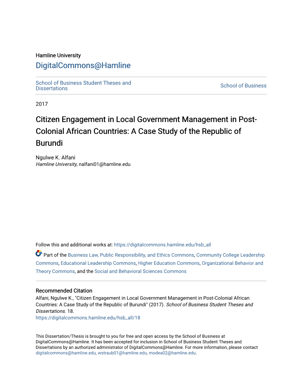 Citizen Engagement in Local Government Management in Post- Colonial African Countries: a Case Study of the Republic of Burundi