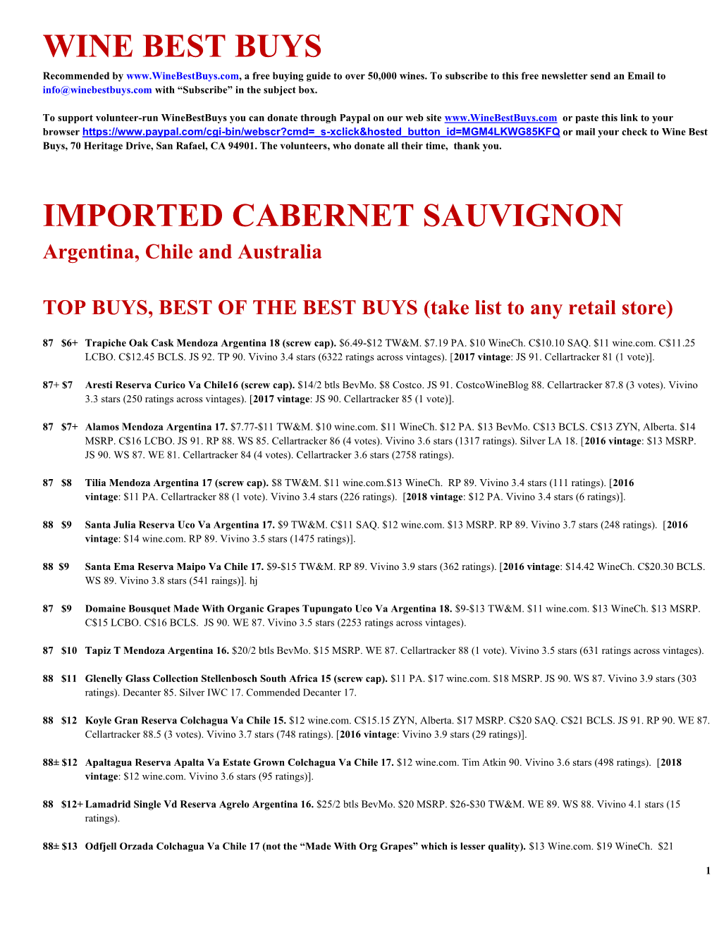 Wine Best Buys Imported Cabernet Sauvignon