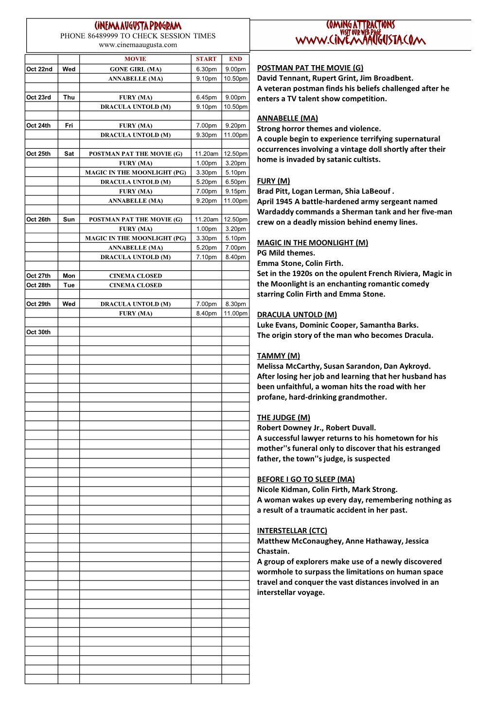 PROGRAM CINEMA AUGUSTA OCT 18TH 2014.Xlsx