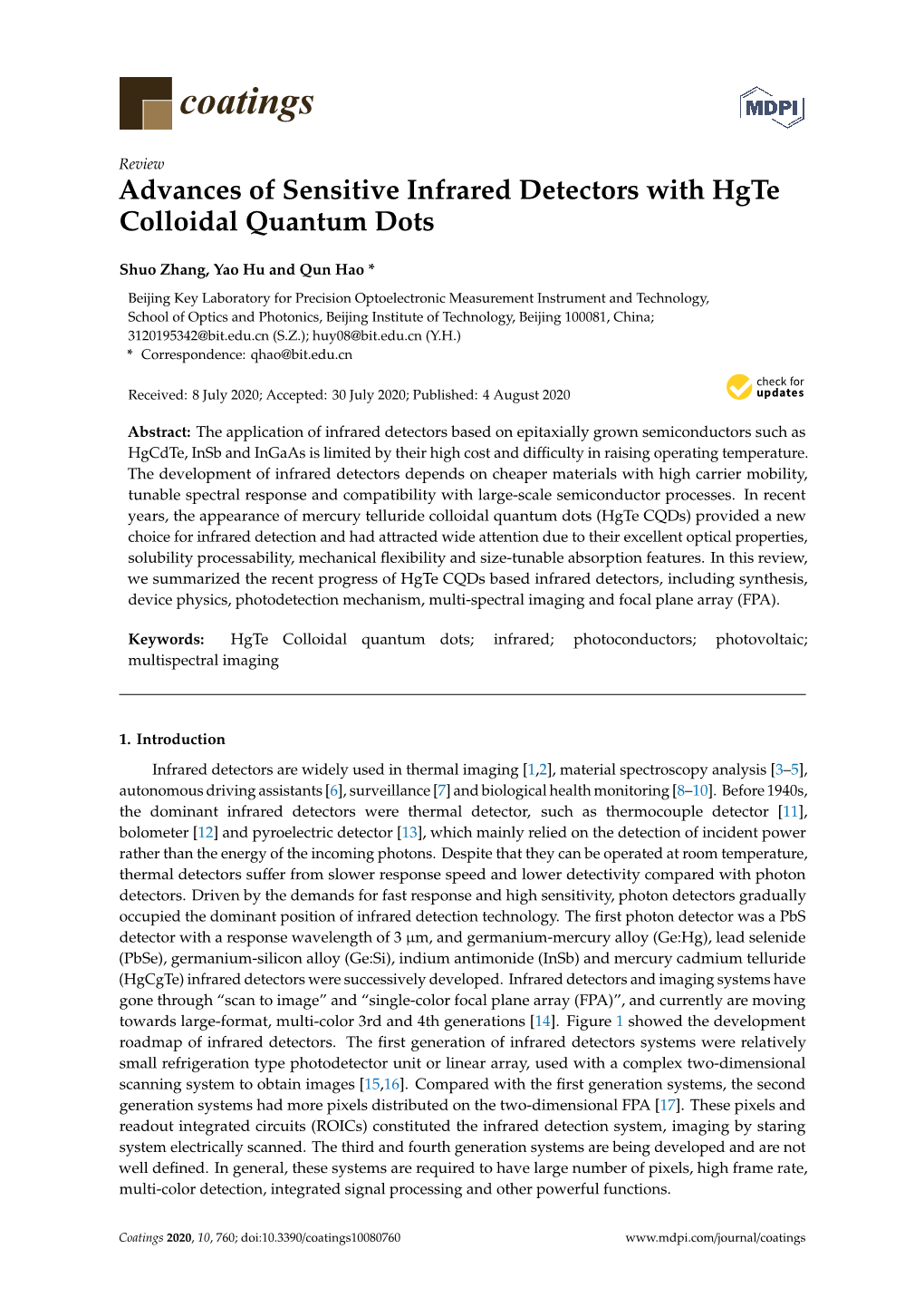 Advances of Sensitive Infrared Detectors with Hgte Colloidal Quantum Dots