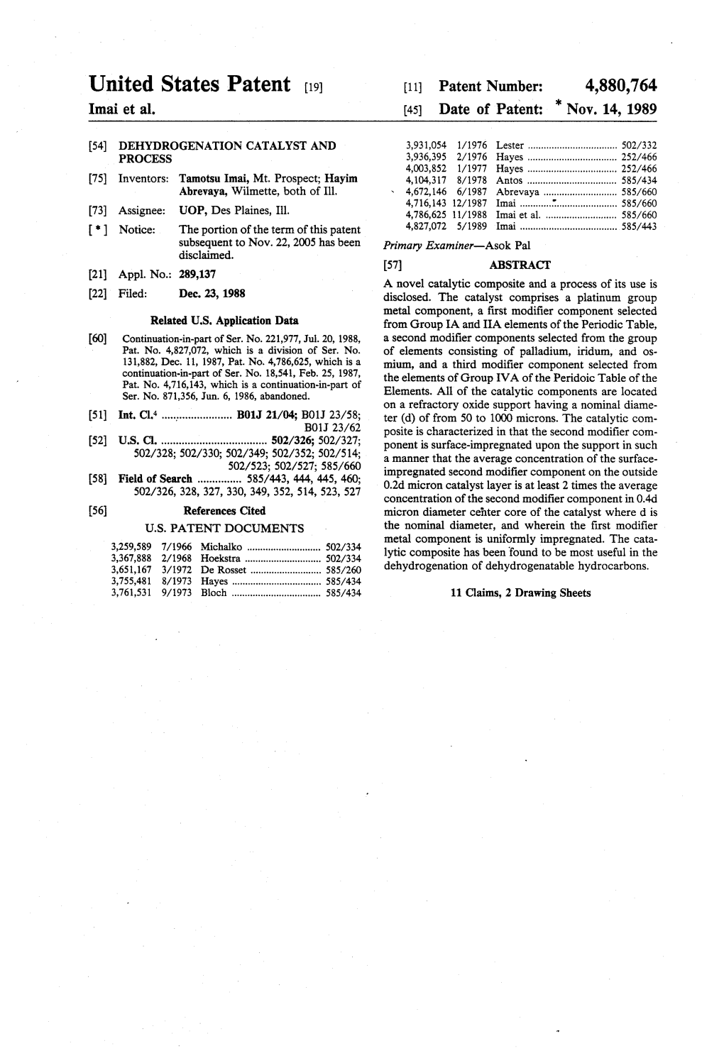 United States Patent (19) 11 Patent Number: 4,880,764 Imai Et Al