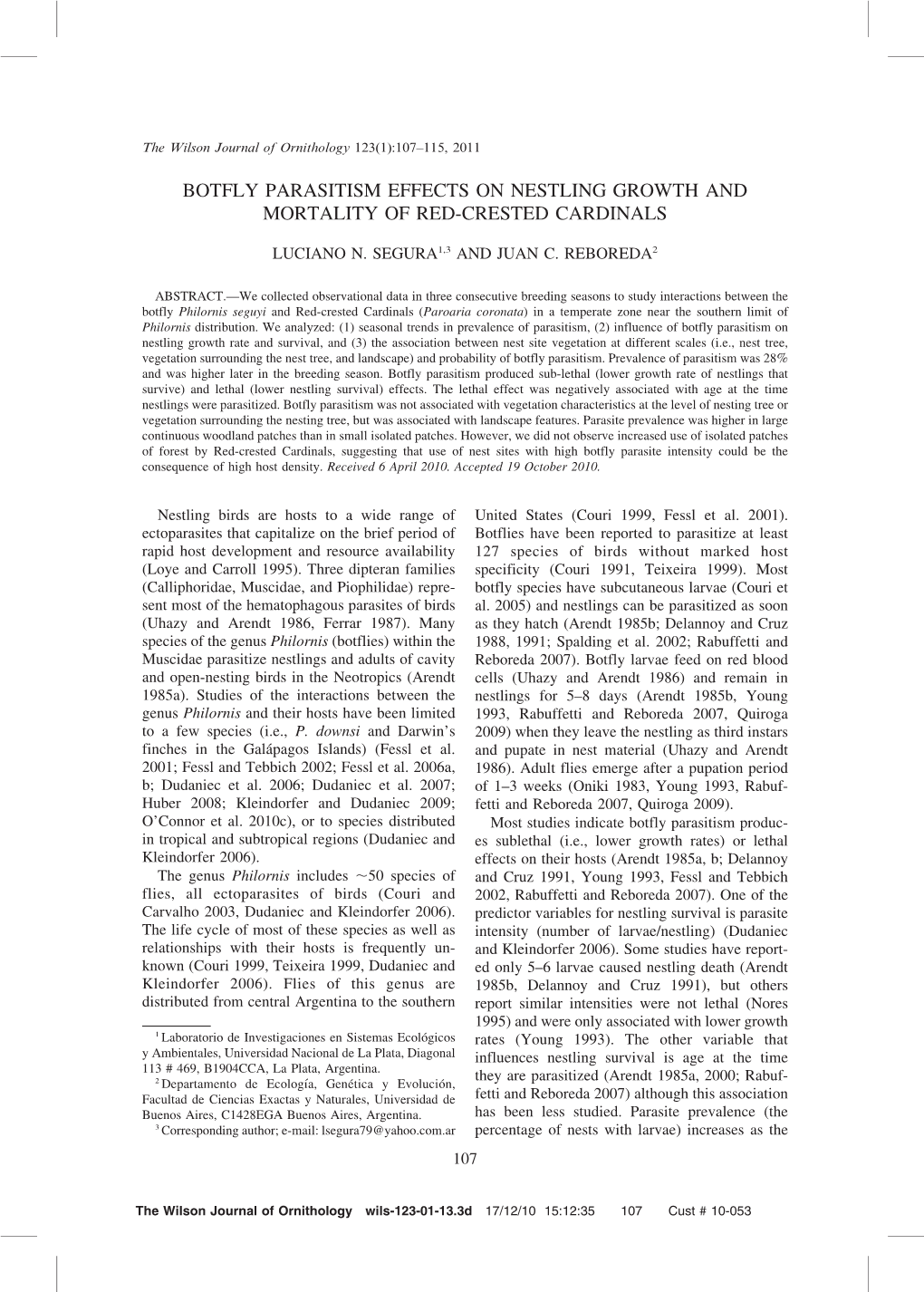 Botfly Parasitism Effects on Nestling Growth and Mortality of Red-Crested Cardinals