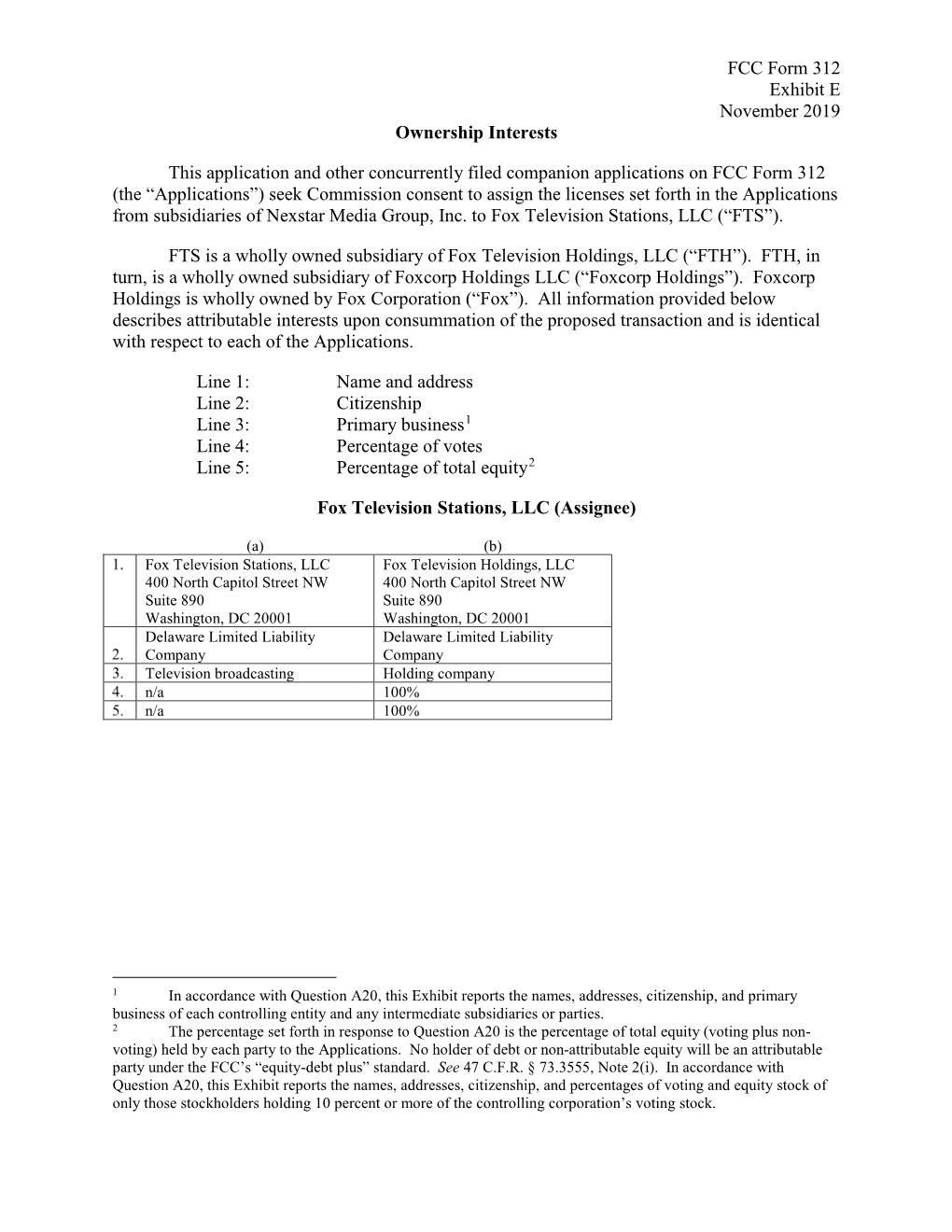 FCC Form 312 Exhibit E November 2019 Ownership Interests This Application and Other Concurrently Filed Companion Applications O