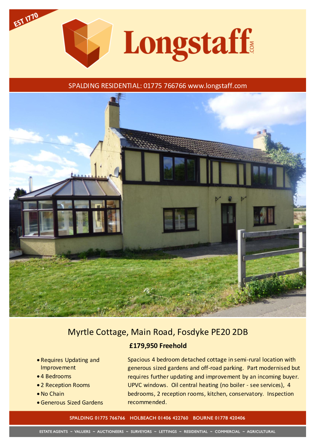 Myrtle Cottage, Main Road, Fosdyke PE20 2DB £179,950 Freehold