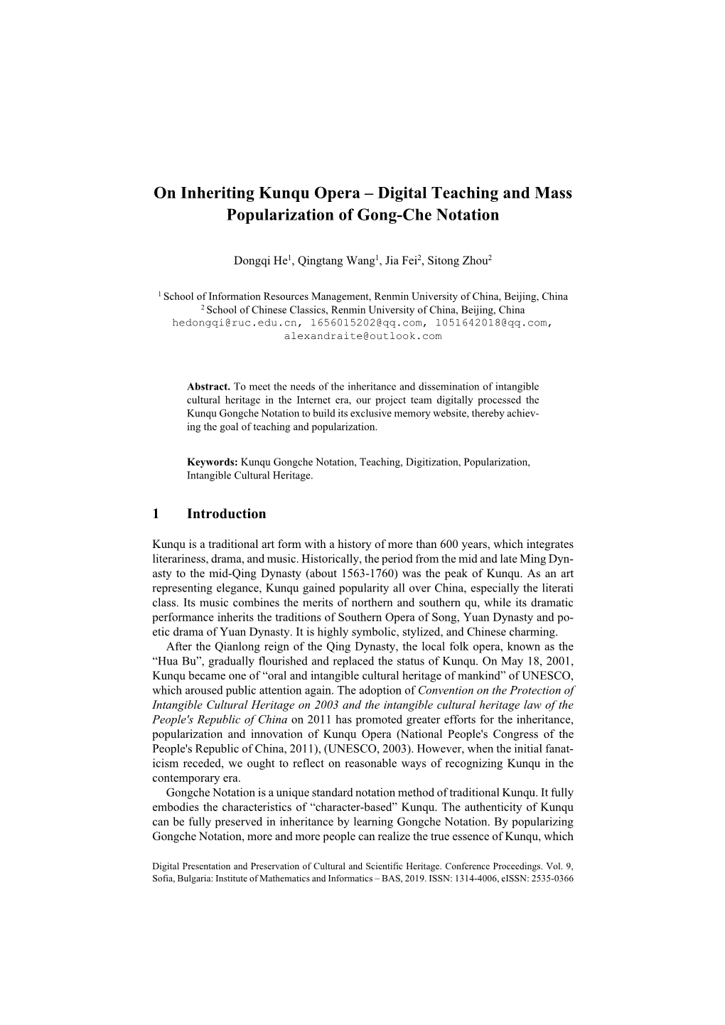 On Inheriting Kunqu Opera – Digital Teaching and Mass Popularization of Gong-Che Notation