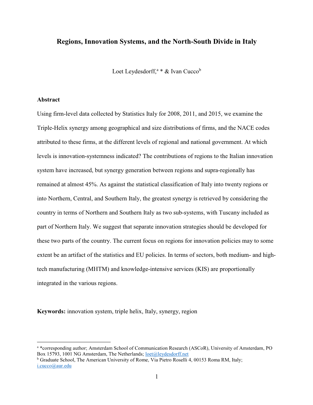 Regions, Innovation Systems, and the North-South Divide in Italy