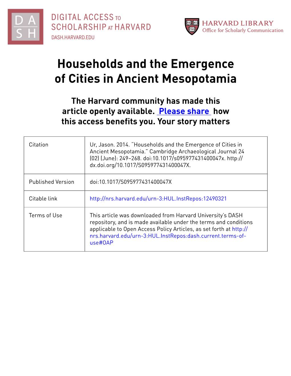 Households and the Emergence of Cities in Ancient Mesopotamia