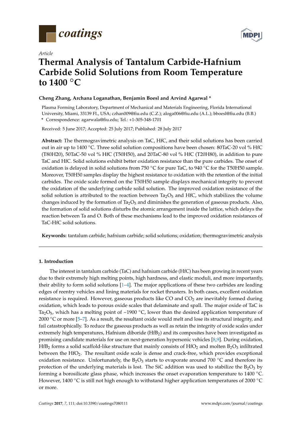 Thermal Analysis of Tantalum Carbide-Hafnium Carbide Solid Solutions from Room Temperature to 1400 ◦C