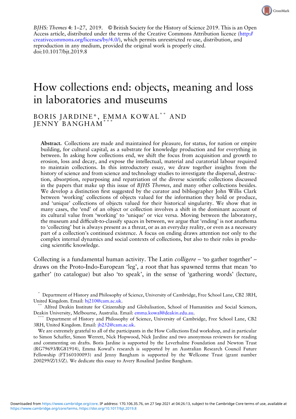 How Collections End: Objects, Meaning and Loss in Laboratories and Museums