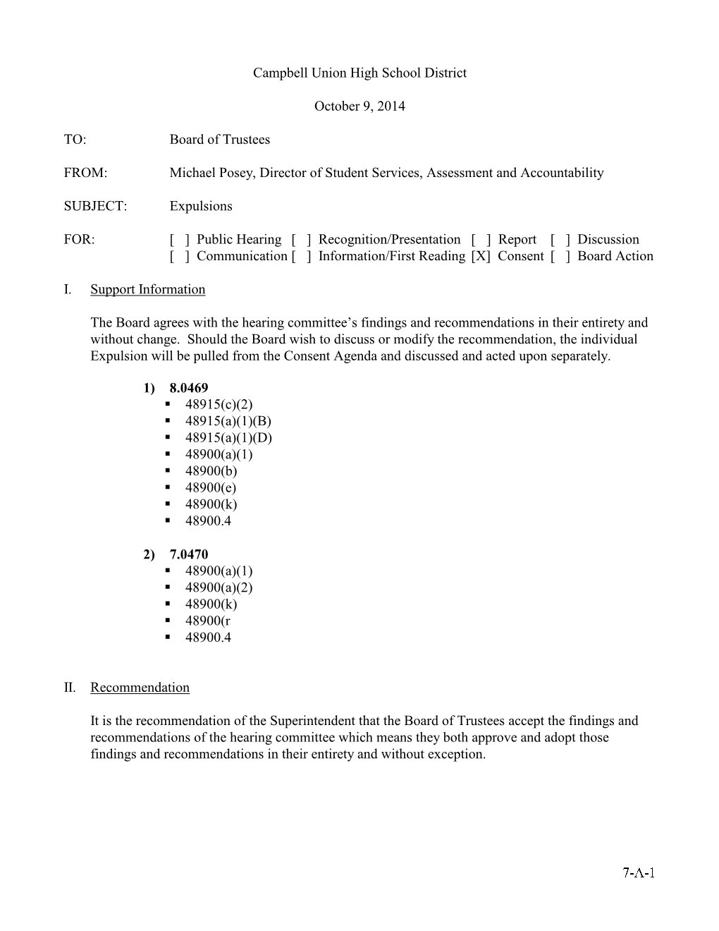 Campbell Union High School District October 9, 2014 TO: Board of Trustees FROM