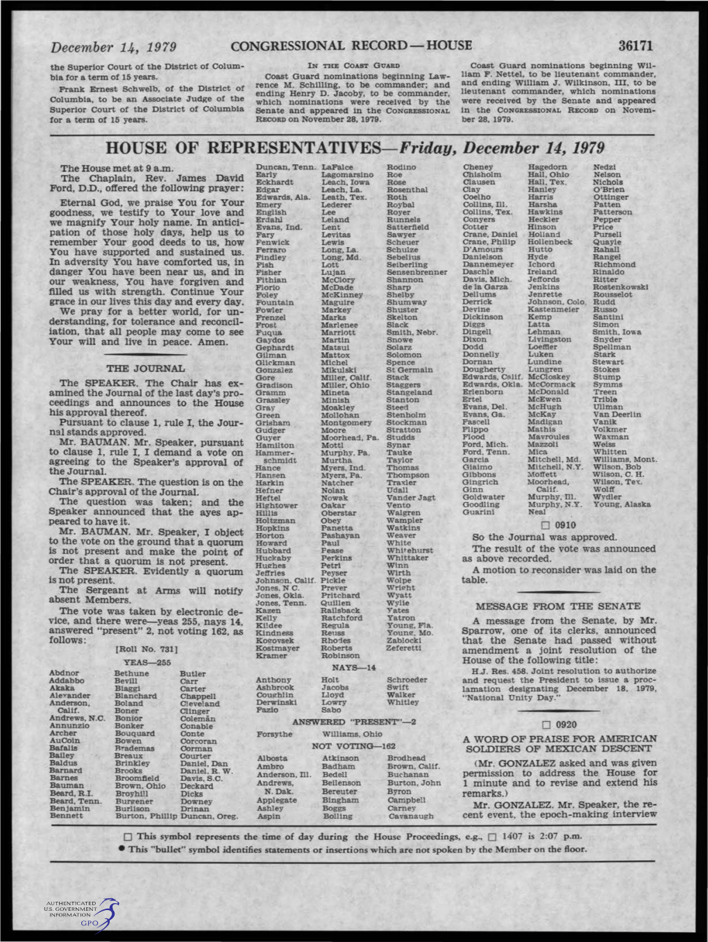 HOUSE of REPRESENTATIVES-Friday, December 14, 1979 the House Met at 9 A.M