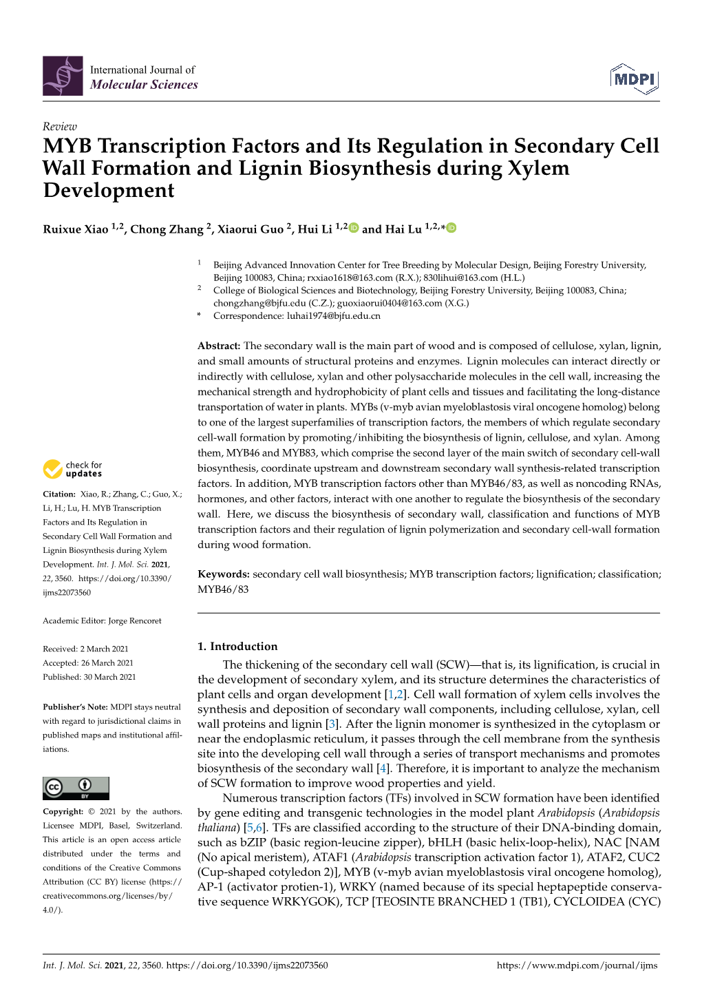 MYB Transcription Factors and Its Regulation in Secondary Cell Wall Formation and Lignin Biosynthesis During Xylem Development