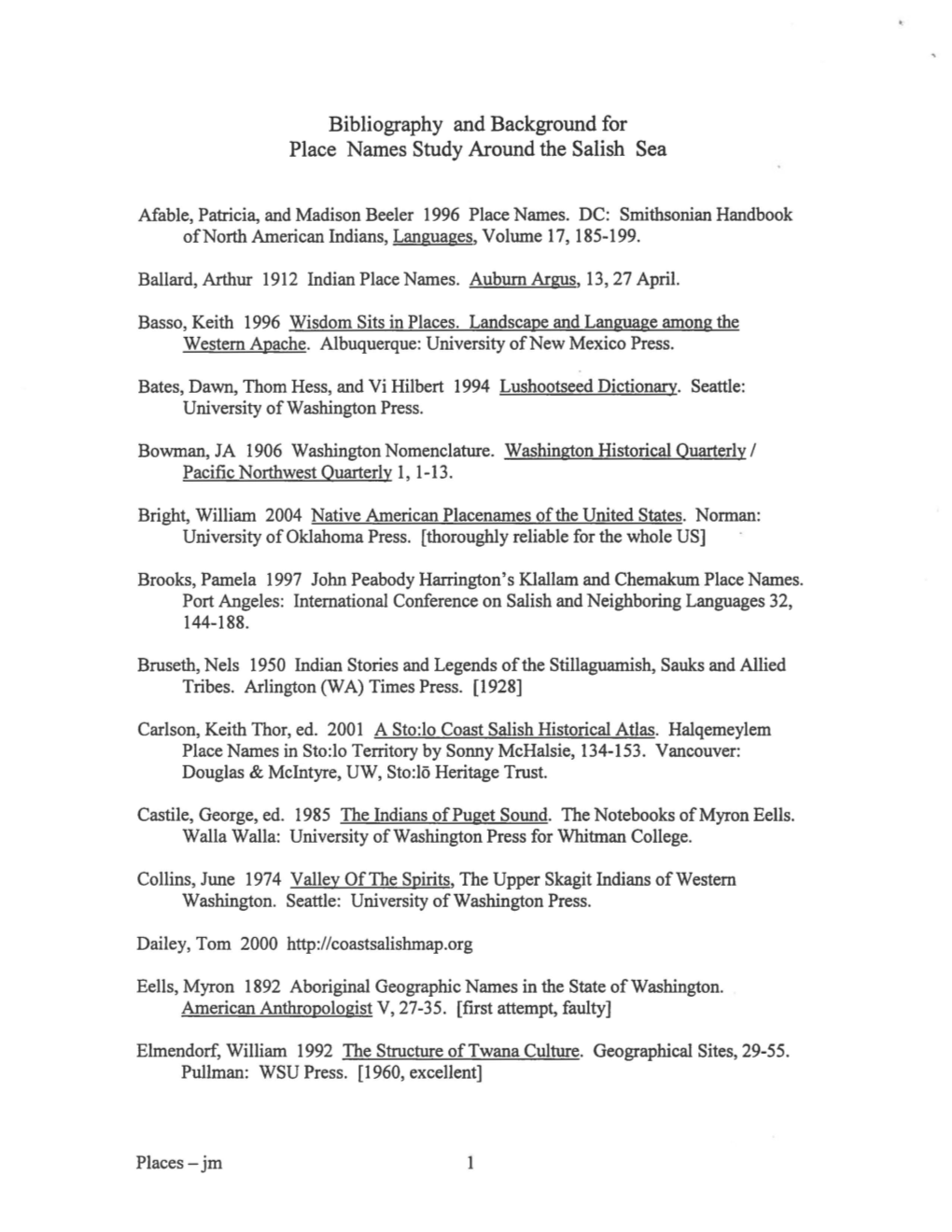 Bibliography and Background for Place Names Study Around the Salish Sea