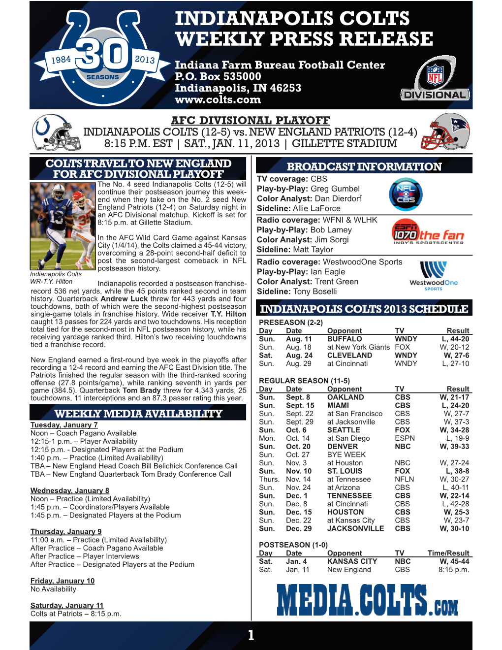 INDIANAPOLIS COLTS WEEKLY PRESS RELEASE Indiana Farm Bureau Football Center P.O