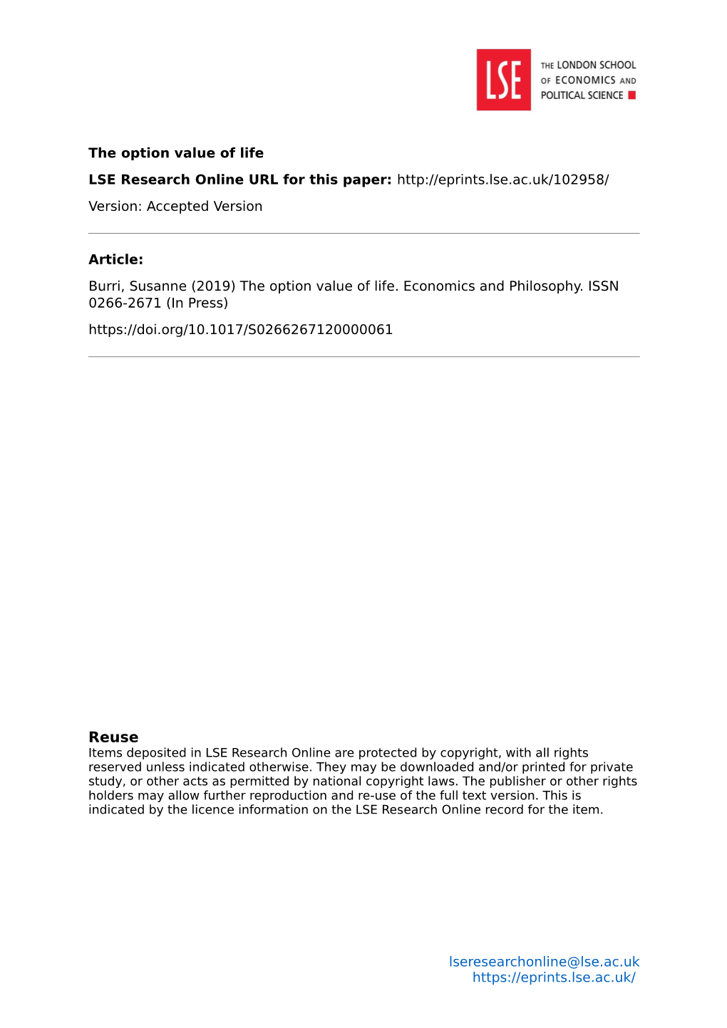 The Option Value of Life LSE Research Online URL for This Paper: Version: Accepted Version